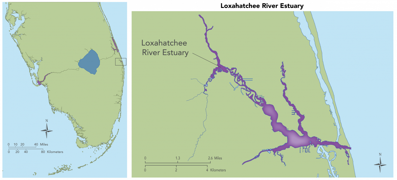 Map of the Loxahatchee River Estuary area. Shows an overview map and a magnified view.